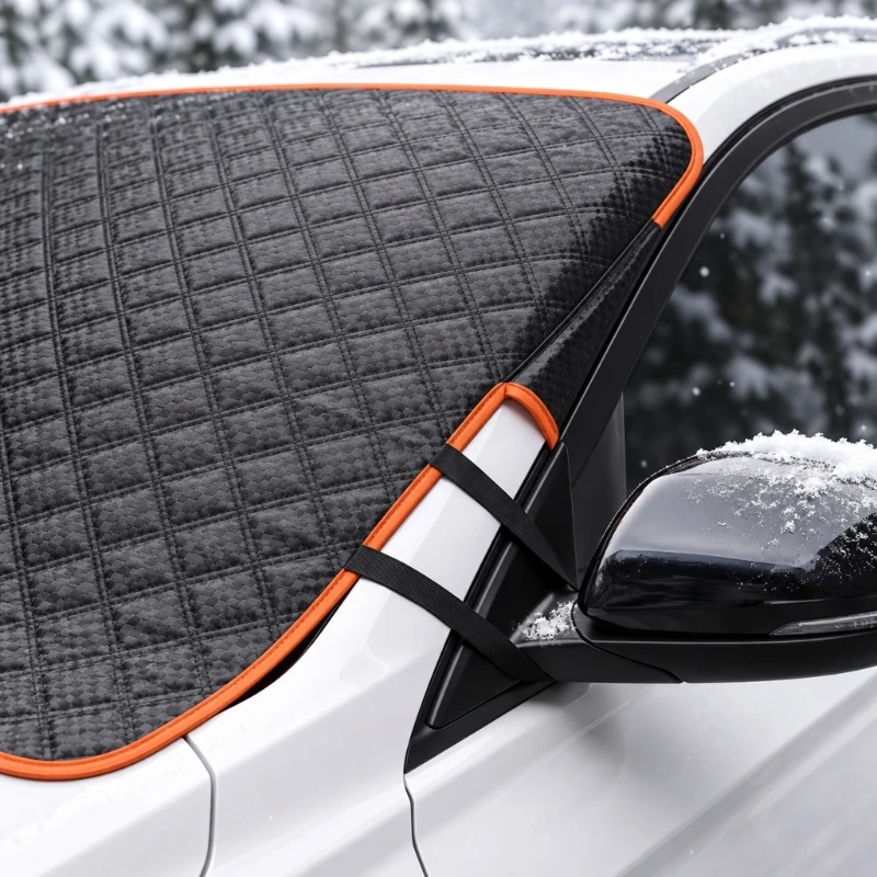 Car Windshield Cover for Snow, Ice, and Winter Buildup, Four-Layer Construction with Soft Inner Lining and Door-Tucked Flaps for