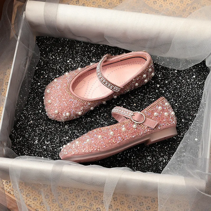 Girls Princess Shoes 2023 Spring Fashion Mary Jane Dress Dance Baby Kids Sandals Ballet Brand Glitter Pearl Pink Soft Sole Flats