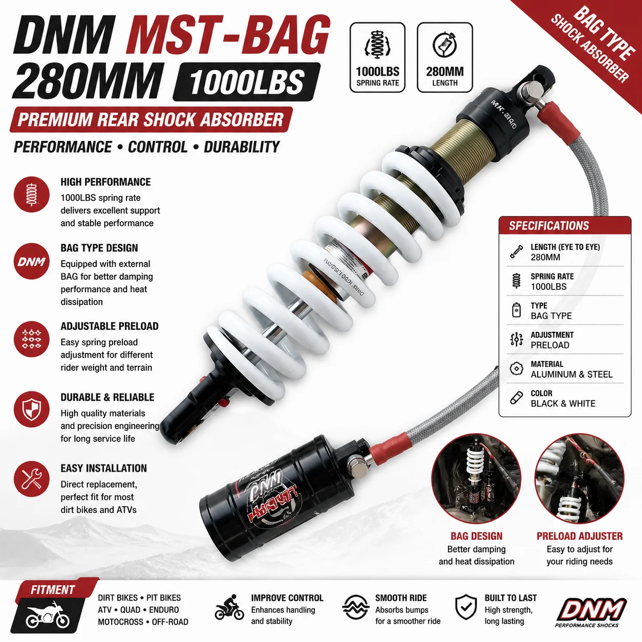Motorcycle Rear Air Shock Absorber DNM MST-BAG 280mm 1000LBS Damping Design Suspensions for Off-road GSX250 Honda Dio KTM Enduro