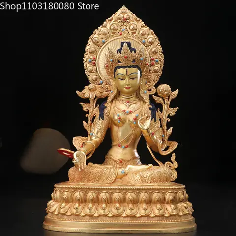 26cm Exquisite Copper brass gilt White Tara buddha statue Tibet buddhism Guanyin Goddess sculpture Large size For Temple Home