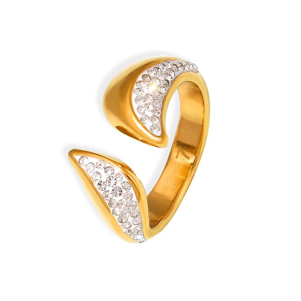 New 316 Stainless Steel Gold-Plated Open Ring Women's Curved Luxury Rhinestone Aesthetic Ring Wedding Jewelry Gift Wholesale