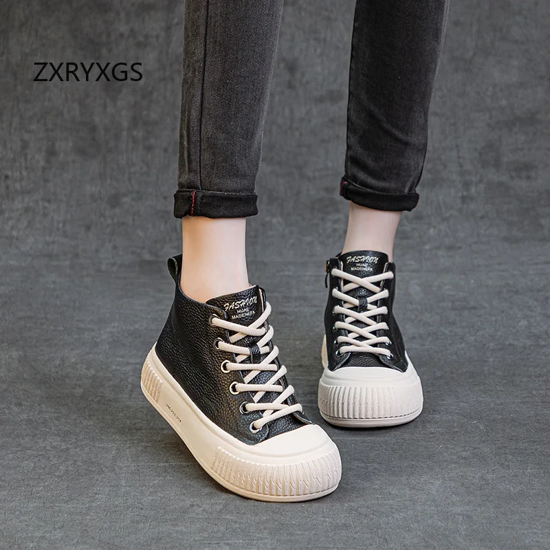 ZXRYXGS Toplaag Koeienhuid Sneakers Vrouwen Schoenen Hoge Top Trend Laarzen 2026 Nieuwe Lente Lace-up Platte Sneaker Casual Schoenen Zachte zool