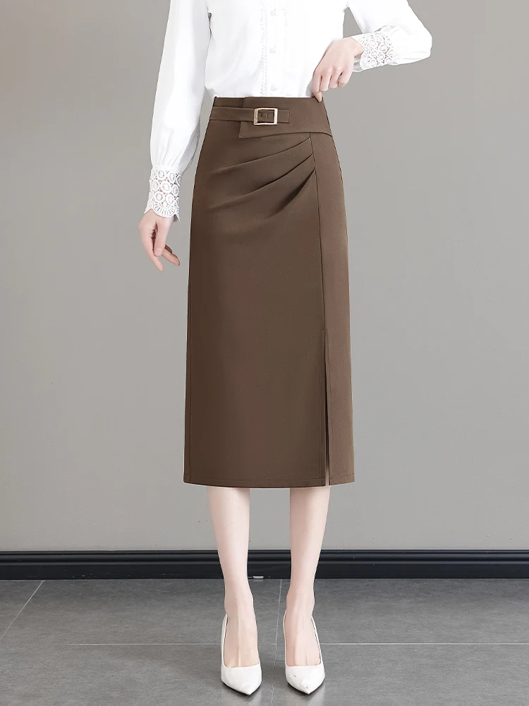

Caramel-colored Business Style High-waist Midi Skirt Women's Spring Autumn New High Slit Slimming Pencil Skirt
