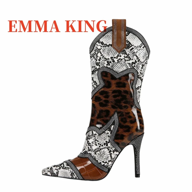 

Pointed Toe Splicing Short Boots Women'S Fashion Chic Brown and Black Heeled Boot Stiletto Side Zipper T-Stage Women'S Boots 44