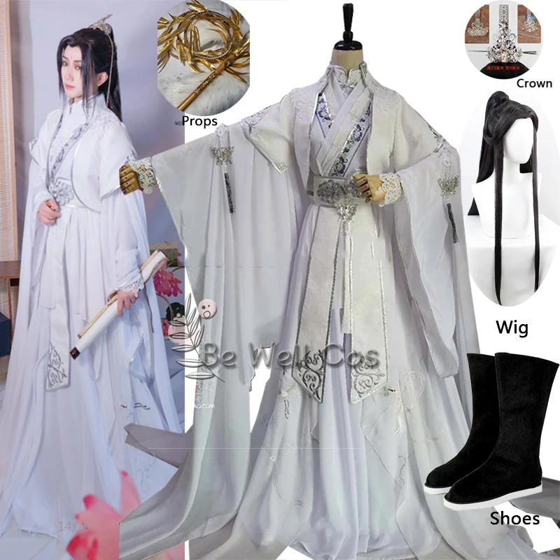 Anime Heaven Officiële 'S Zegenen Cosplay Kostuum Er Ha Chu Wanning Kostuum Wit Hanfu Chinese Oude Outfits Pruik schoenen