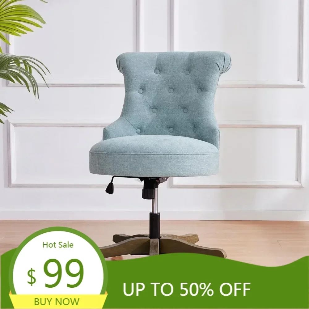 "Silla de escritorio giratoria ergonómica con altura regulable, tapizada en tela de lino, con patas de madera para un uso cómodo en la oficina en casa