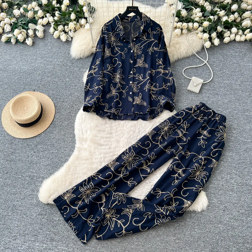 

Pant Set Women Two Piece Sets Turn Down Collar Full Sleeve Shirt Print Wide Leg Long Pants Elastic Waist Y2k Streetwear Elegant