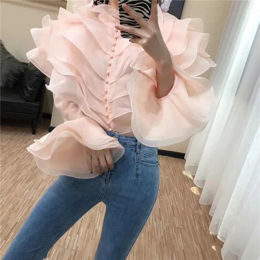 Layered Ruffle Collar Shirt For Women 2023 Spring And Autumn New Fashion Style Flare Sleeve Top For Women