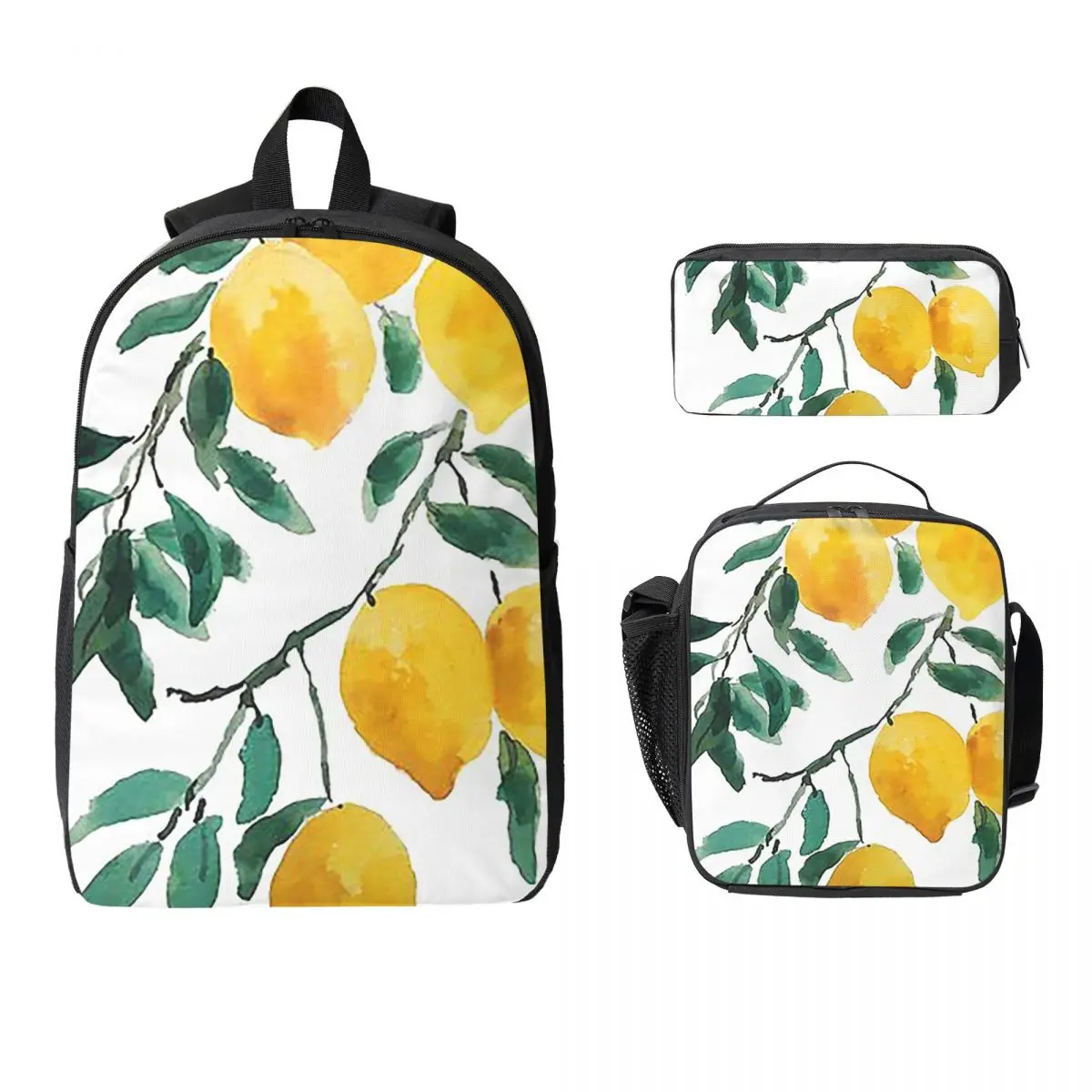 

Hand Painted Yellow Lemon Watercol Backpack Boys Girls BookBag School Bag Shoulder Bags 3ps Insulated Lunch Bag Pencil Case