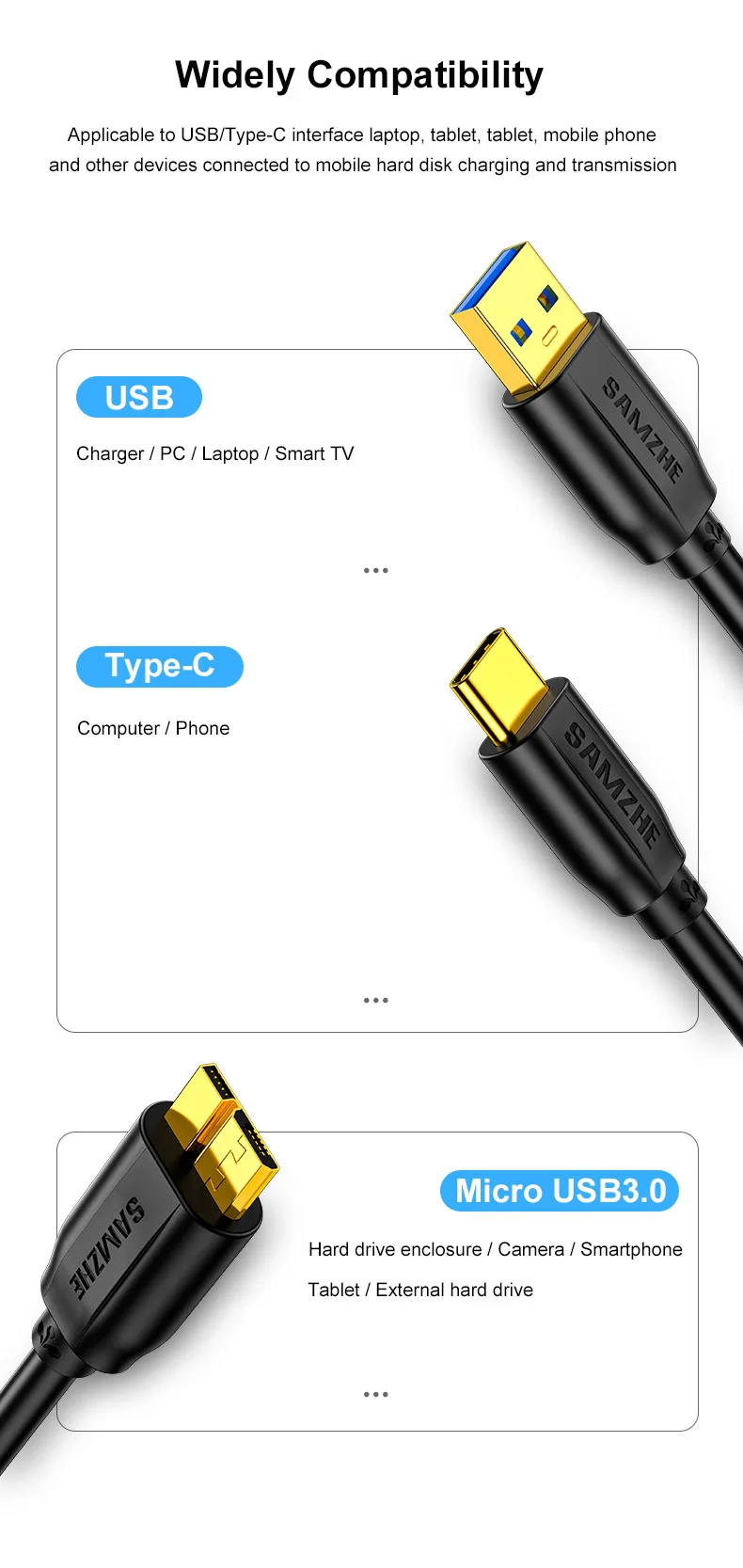 SAMZHE Festplatte Externe Kabel USB Micro B Kabel HDD Kabel Micro Datenkabel SSD Sata Kabel für Festplatte micro B USB 3,0 Kabel – Detail 5