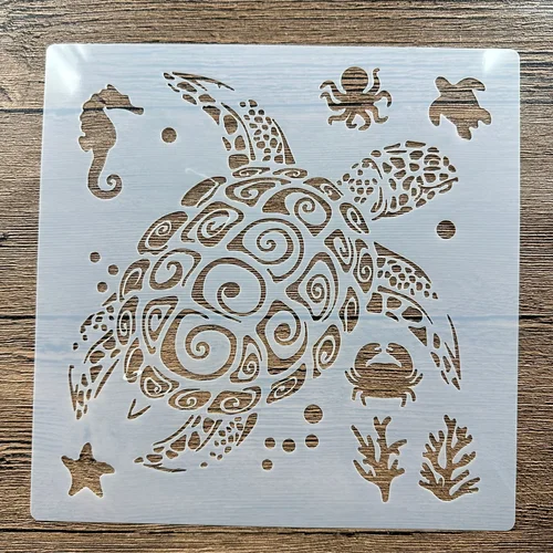 Molde de mandala DIY de tortugas marinas de 20x20 cm para pintar plantillas, álbum de fotos estampado, tarjeta de papel en relieve sobre madera, tela, pared