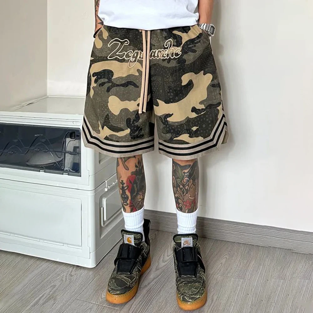 Summer Genderless Unique Camouflage Casual Cargo Shorts Unisex American High Street Fashion Outdoor Loose Five-Quarter Pants