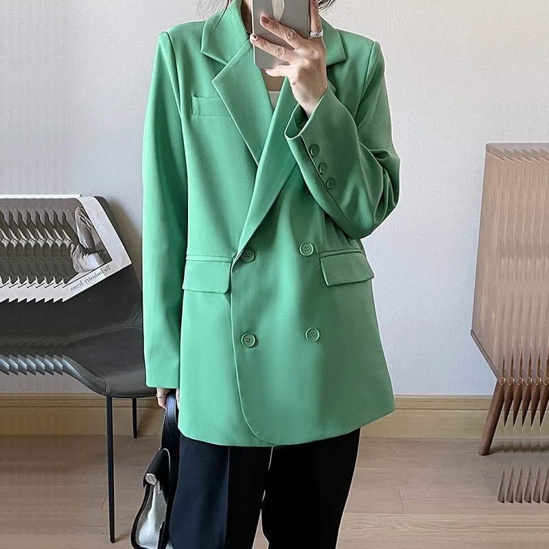 

Spring Autumn Women Suit Jacket Loose Casual Notched Collar Double-breasted Long Sleeve Green Black Apricot Female Blazers Coat