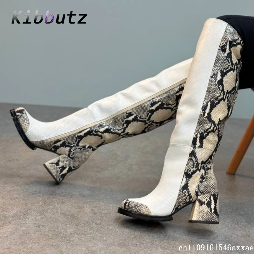 Round Toe Snake Print Spliced Knee High Boots Women Faux Leather Chunky Heel Side Zipper Ladies Street Party Fashion Tall Boots