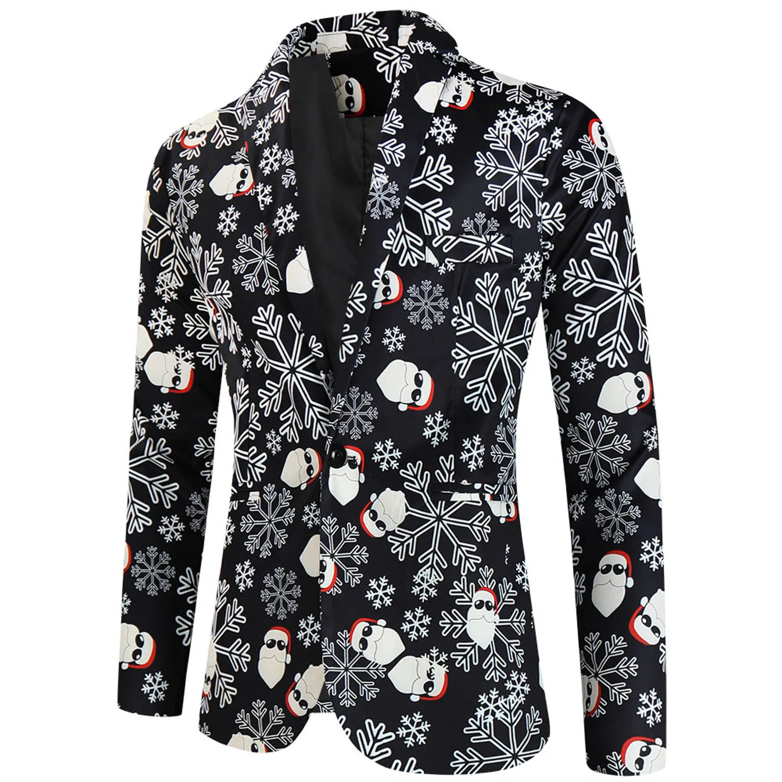 New Popular Men's Christmas Printed Blazer Top Men's Fashionable Casual Christmas Printed Pocket Button Long Sleeve V-Neck Suit