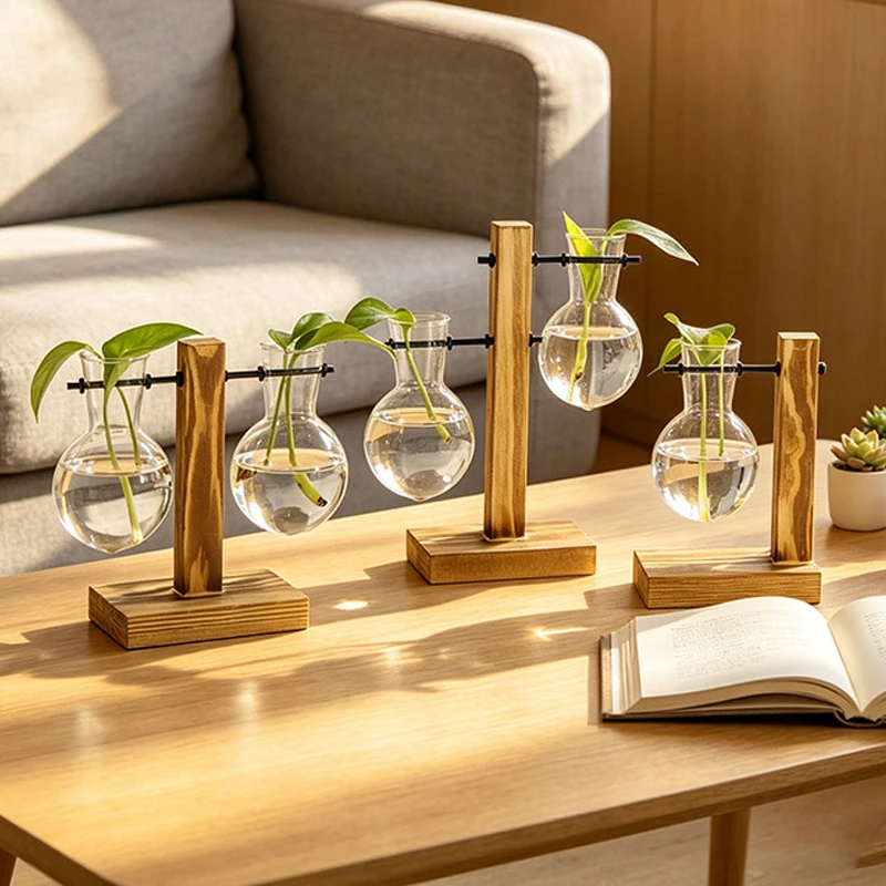 Clear Glass Bulb Vase Wooden Stand Hydroponic Planter Mini Desktop Terrarium for Home Office Desk Decor Plant Lovers Unique Gift