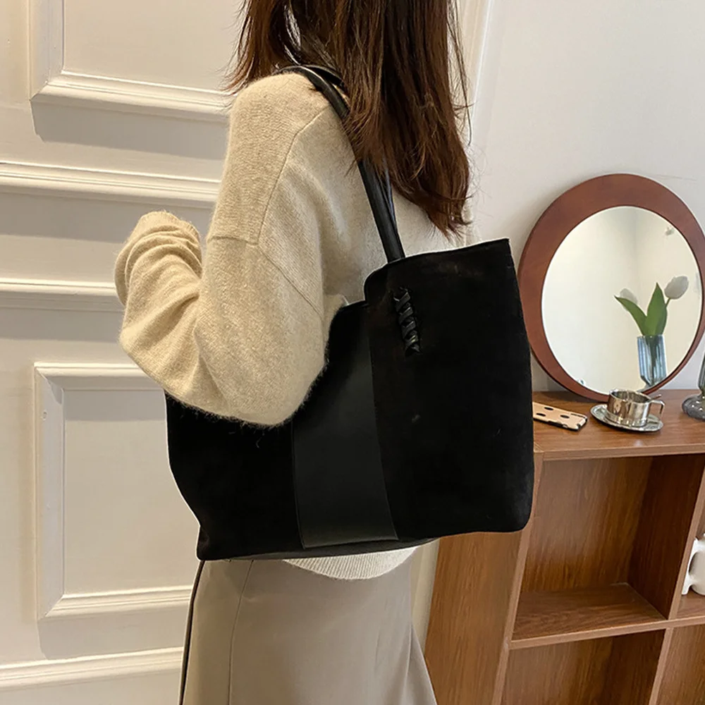 Wildleder-Oberflächenhandtasche für Damen, koreanische Mode-Freizeit-Pendlerhandtasche, Vintage-Farbkollisions-Spleiß-Einkaufstasche – Detail 8