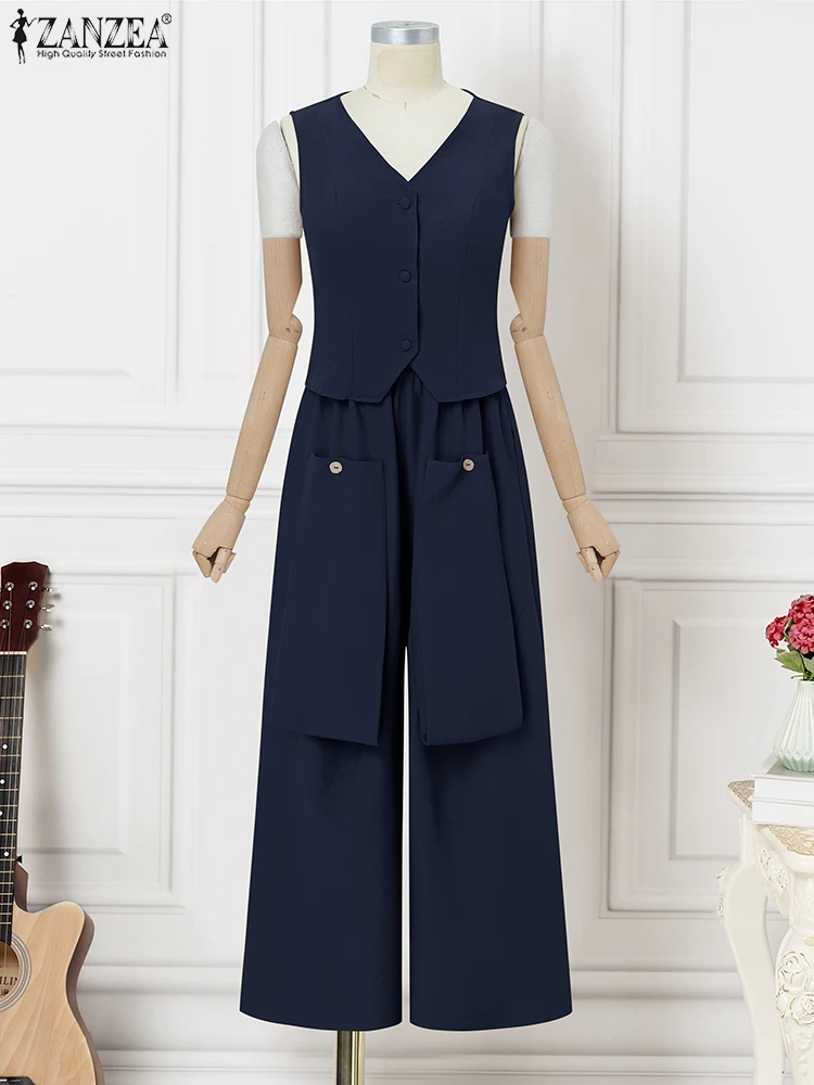 

Casual Women Sets ZANZEA Sleeveless Tank Tops Wide Leg Pants Solid Elegant Office Suits 2025 Summer Pockets Matching Sets