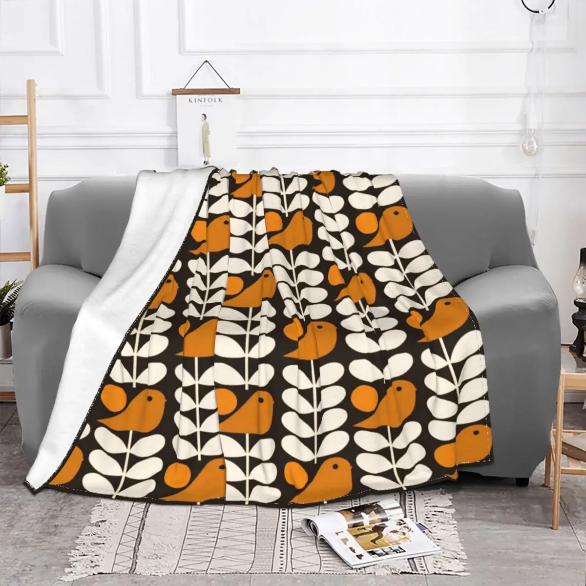 Multistem Birds Black White Orange Blanket Soft Flannel Fleece Warm Orla Kiely Scandi Throw Blankets for Home Bed Bedspreads