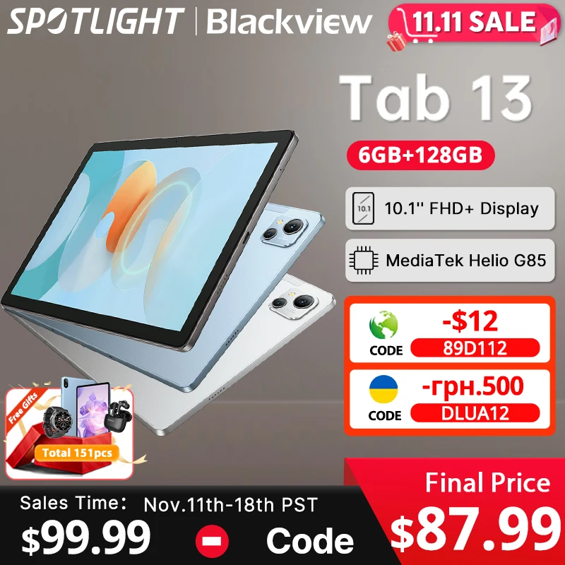 【World Premiere】Blackview Tab 13 Tablet Pad 10.1'' FHD+Display 128GB MTK Helio G85 Octa core 7280mAh 13MP Camera Android 12