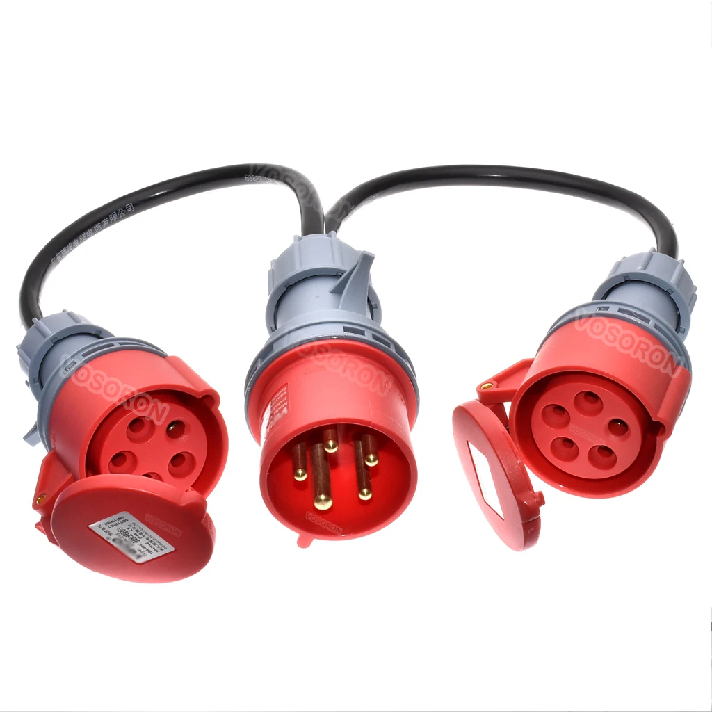 IP44 IEC309-2 32A Plug to 2×16A CEE Sockets Adapter Cord 3P+E+N Splitter Lead