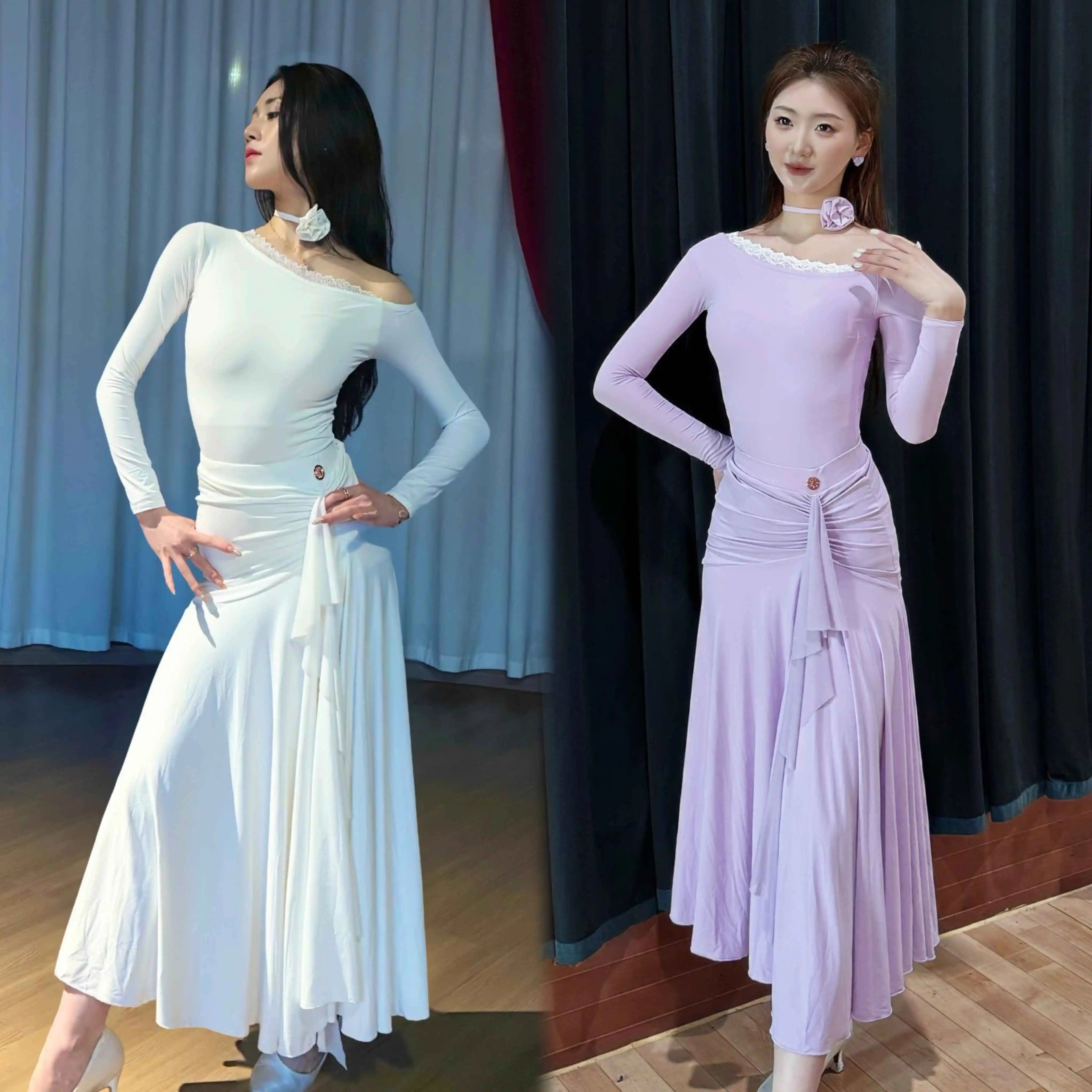 

Костюм для бальных танцев: кружевной топ с открытыми плечами, плиссированная юбка, бело-фиолетовое платье для соревнований, танго, вальса, тренировочные платья