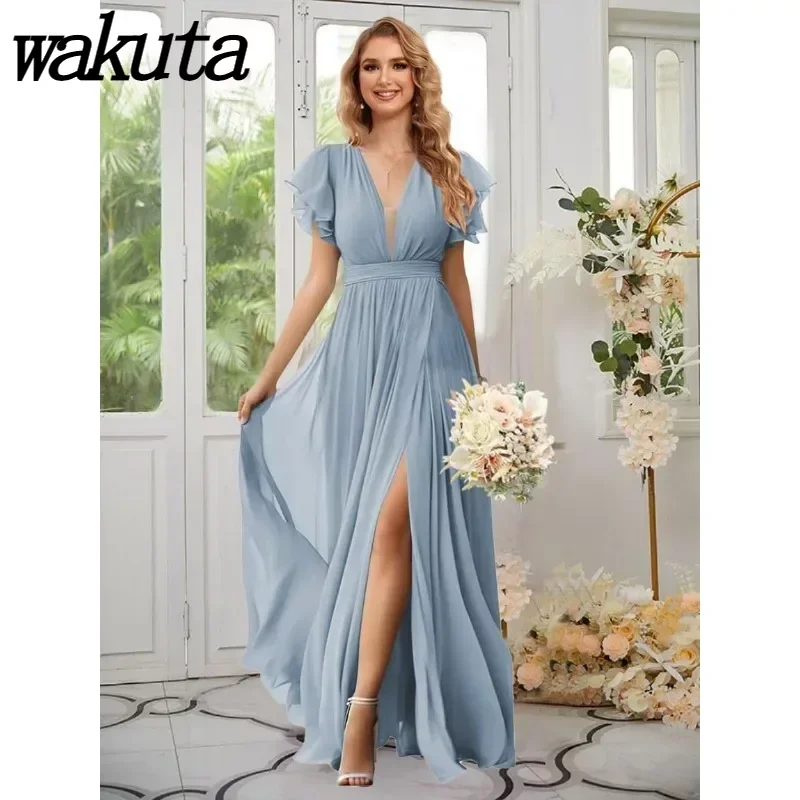 Wakuta-Vestidos de dama de honor con cuello en V, vestido de noche Formal de gasa con abertura lateral, mangas con volantes, bolsillos, Sexy