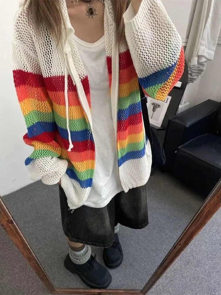 

Y2k American Vintage Thin Cardigan Hooded Long Sleeve Striped Contrast Color Sweaters Hollow Out Casual Loose Women's Clothing