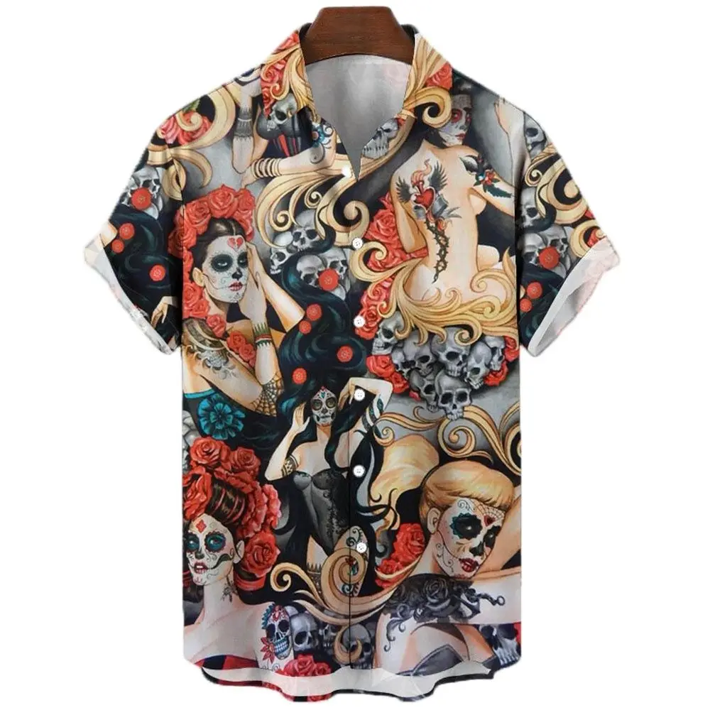 2022 Summer Shirts For Men 3d Vintage Horror Skull Rocker Print Gothic Rockabilly Hawaiian Shirt Short Sleeve Top Male Clothes