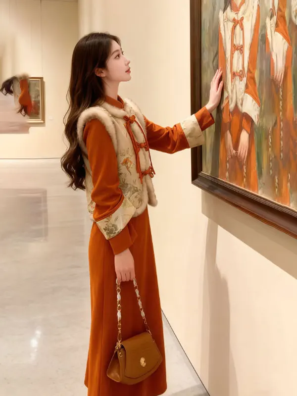 

New Chinese Sle Faion Set Retro Ele Vest Coat Qipao Skirt Spring Season Whole Mood Matching Comfortable Cotton Material