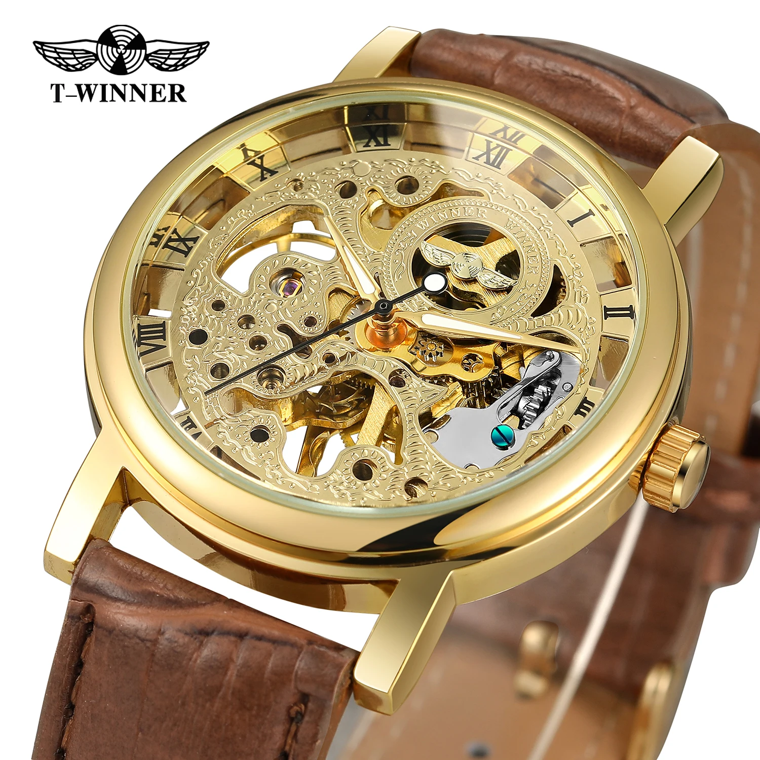 

T-Winner New Arrival Luxury Mens Mechanical Watch Skeleton Relojes Montre Genuine Brown Leather Band Hand Wind Wristwatch