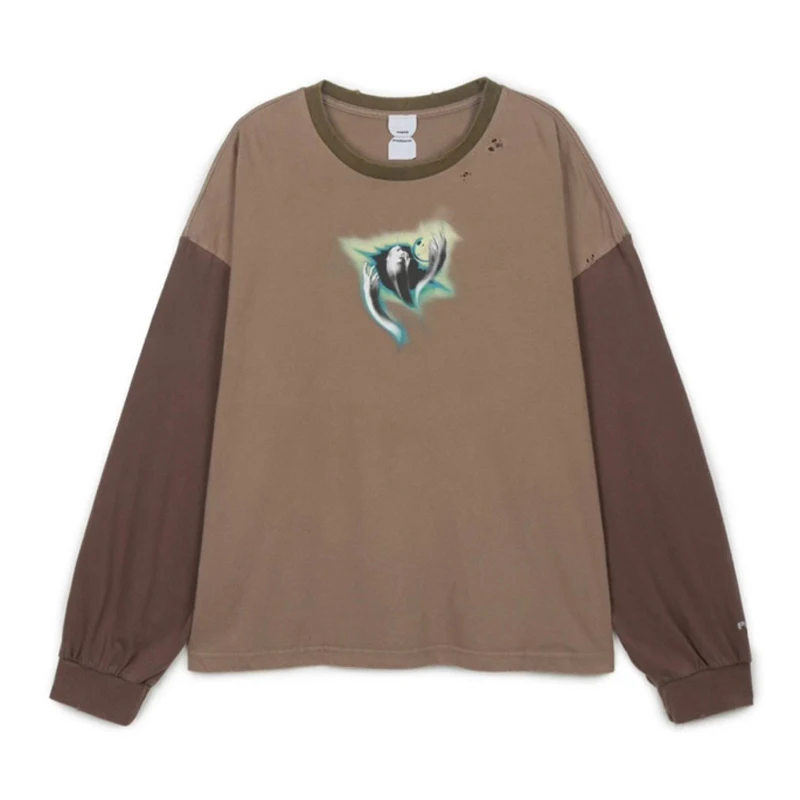 Men Vintage Color Block Protocol Long Sleeve T-shirts Distressed Hole Details Angel Figure Print Loose Vintage Tees