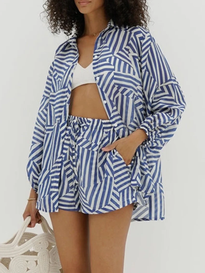 Marthaqiqi Loose Female Nightwear Set Long Sleeve Nightgowns Turn-Down Collar Sleepwear Shorts Causal Women Pajamas 2 Piece Suit