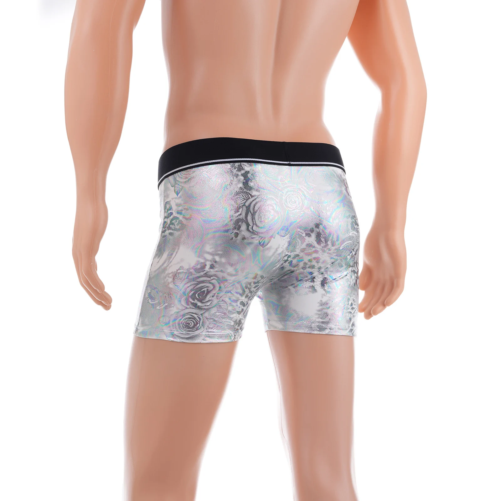 Shiny Rainbow Men Faux Leather Sexy Boxer Briefs Underwear Cock Hole Silicone Cockring Metallic PU Costume Underpants