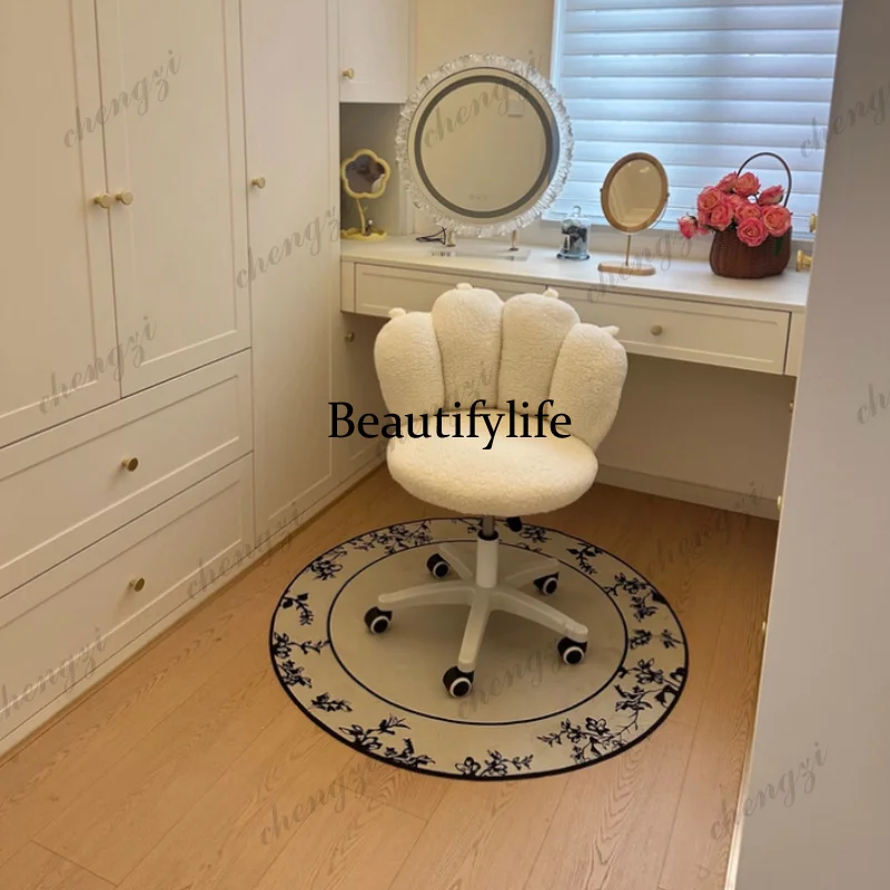 A68 Kawaii Lamb Fleece Roller Stool Girls Dressing Chair Bedroom Cloakroom Furniture Rotating Makeup Chair