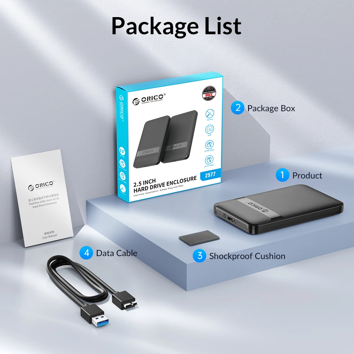 ORICO 2,5'' Festplattengehäuse Werkzeuglos 5Gbps USB zu SATA Externes Festplattengehäuse für 2,5 Zoll 7mm 9,5mm SSD HDD Max 6TB – Detail 13