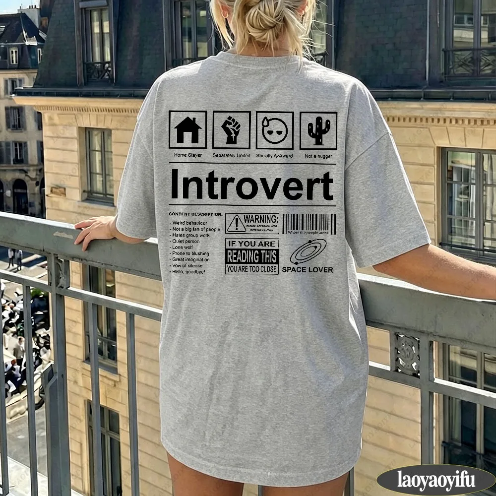 Introvert Printed T Shirt Women Cotton Casual Short Sleeve Harajuku Graphic Tees Tops Funny Personal Social Distance Clothes
