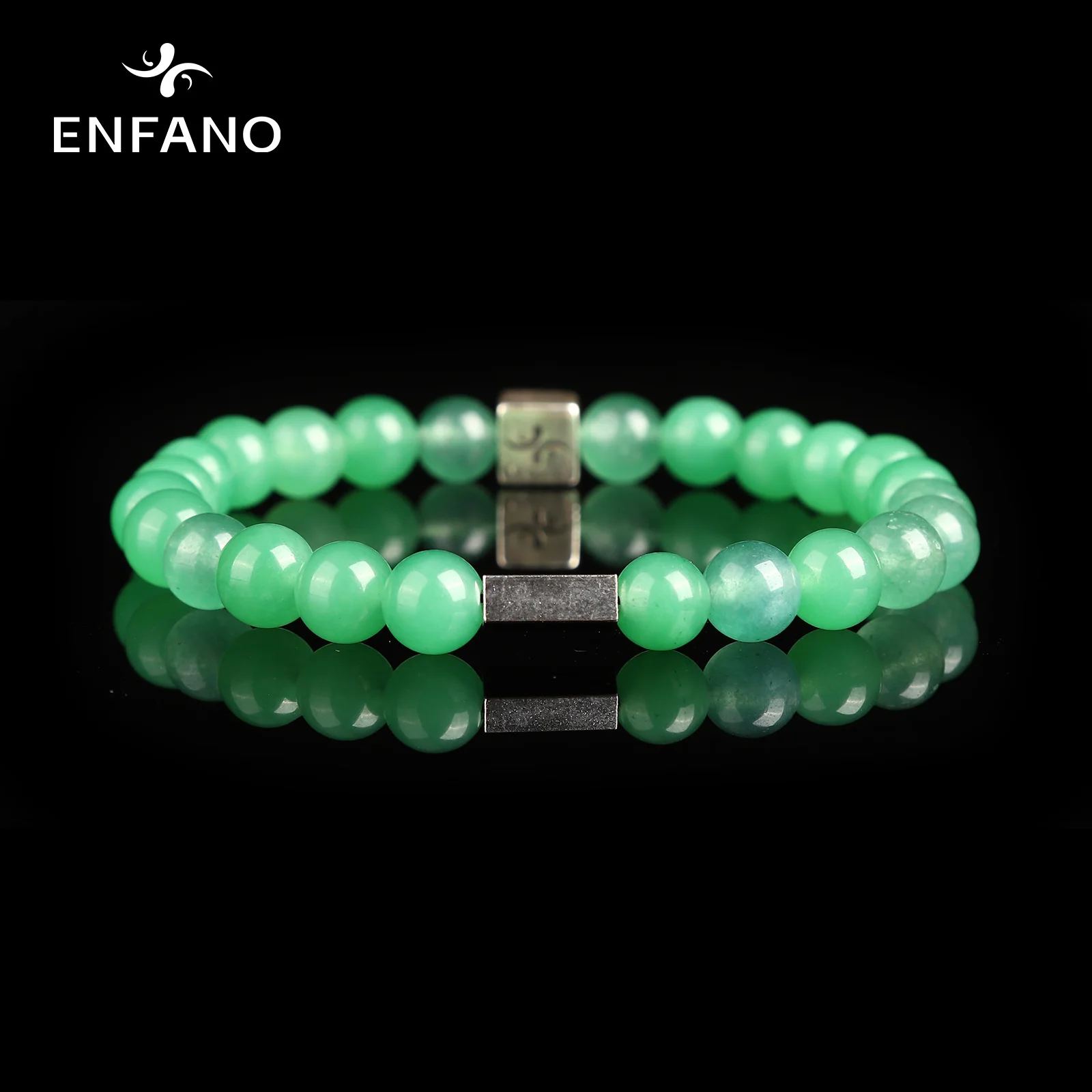 

ENFANO Green Aventurine Chalcedony Bracelet 8mm Round Bead Bracelet Fashion Men Birthday Gift Size Name Text Personalized Custom