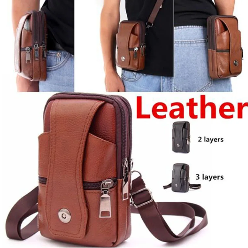 Men Cell Phone Belt Pack Bag Loop Waist Bag Holster Pouch Case​ Genuine Leather