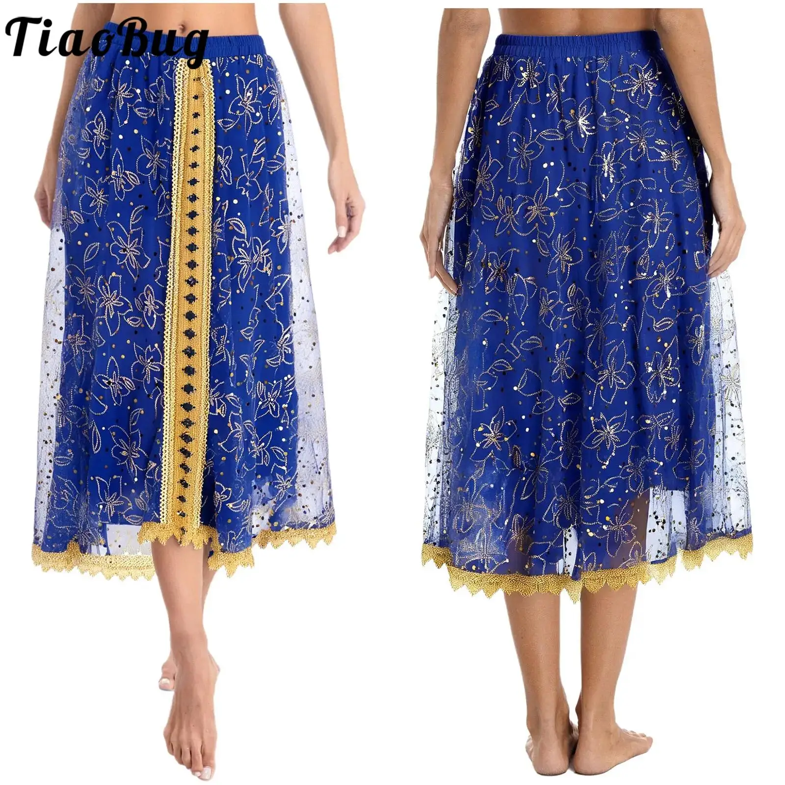 

Women Shiny Mesh Belly Dance Maxi Skirts India Dance Folk Dance Costume Gold Trim Tiered Elastic Waist Swing Performance Skirt