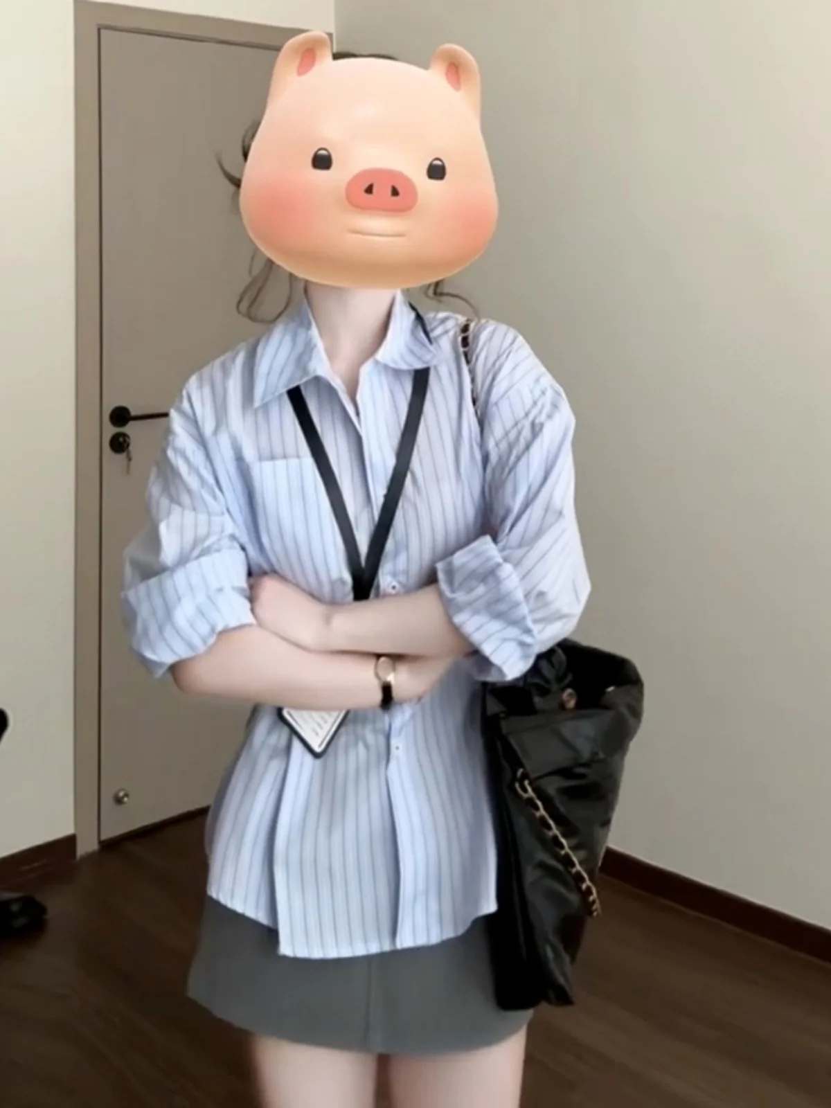 

Blue Striped Women's irt Slimming Waist Design Early Spring Faion French Sle Long Sve Button up Top