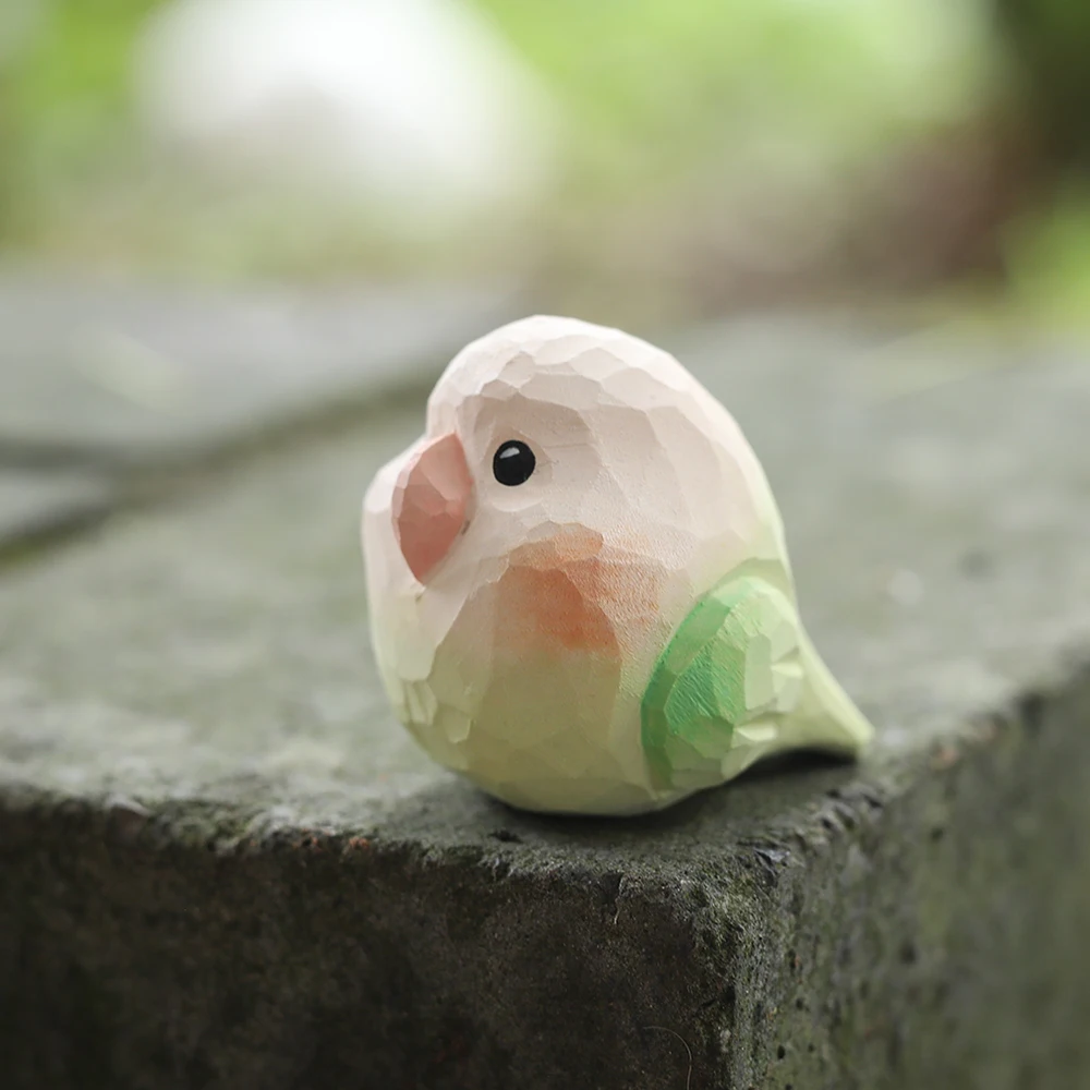 Handmade Wooden Lovebird Figurine  Hand-Painted Cute Parrot Wood Bird Statue Carving Ornament Desk Decor Animal Sculpture Gift