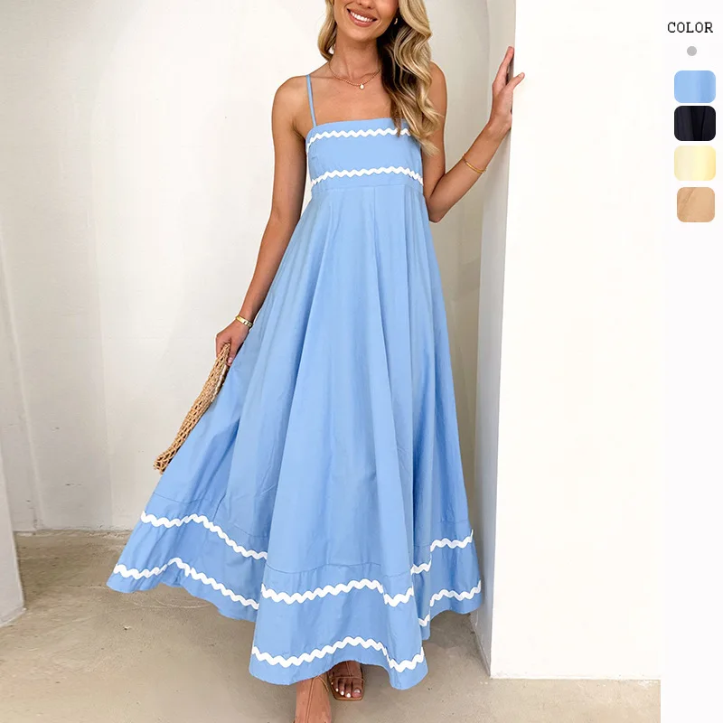 Europe and America 2024 Summer Strap Low Square Collar Layered Elegant Beach Holiday Party Long Dress