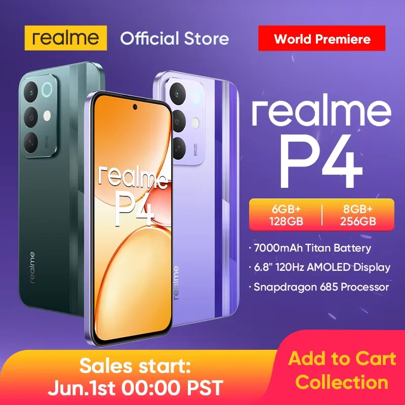 

realme P4 4G Smartphone 6.8" 120Hz 4000nit AMOLED Display 7000mAh Titan Battery 45W Fast Charge 50MP Camera NFC IP65