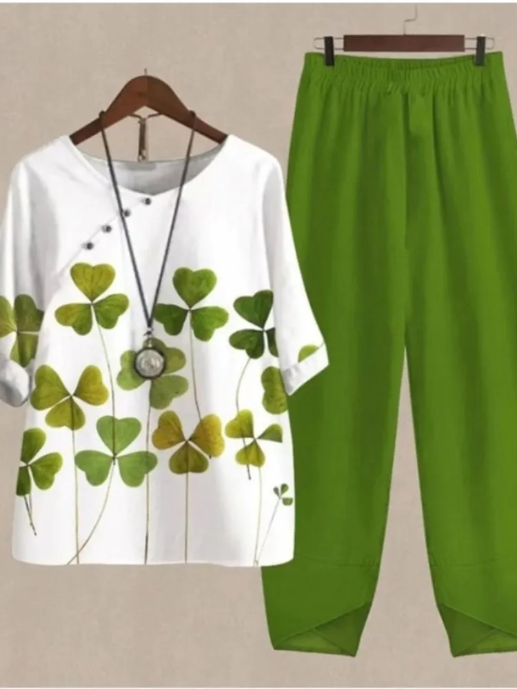 

Spring Autumn 2 Piece Set Women Loose Short Sleeve Shirt Top High Waist Pants Flower Print Outfits Ladies Elegant Vintage Suit