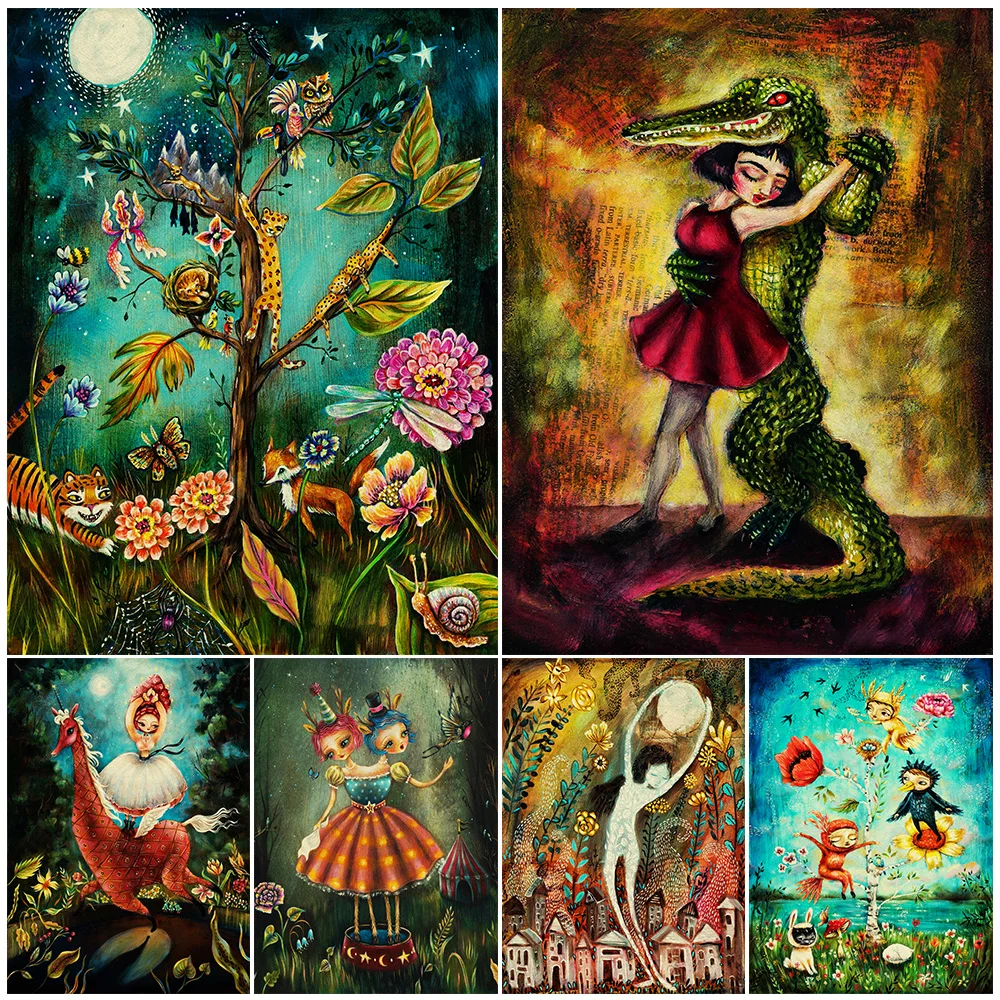

Animal Lover,Forest Spirits,Circus Girl,Surrealism Wall Art Canvas Painting Folk Nature Fantasy Art Poster And Print Home Decor
