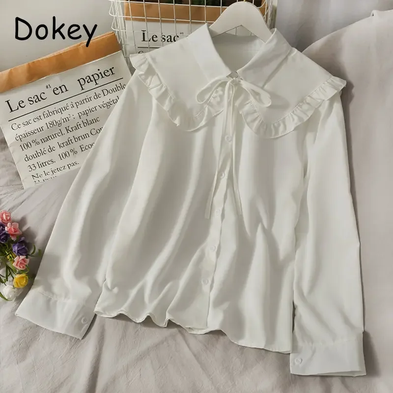 Vintage Lace Up Peter Pan Collar Shirt for Women, Sweet Korean Style, Long Sleeve Lolita Blouse, Elegant Ruffle Loose Chiffon To