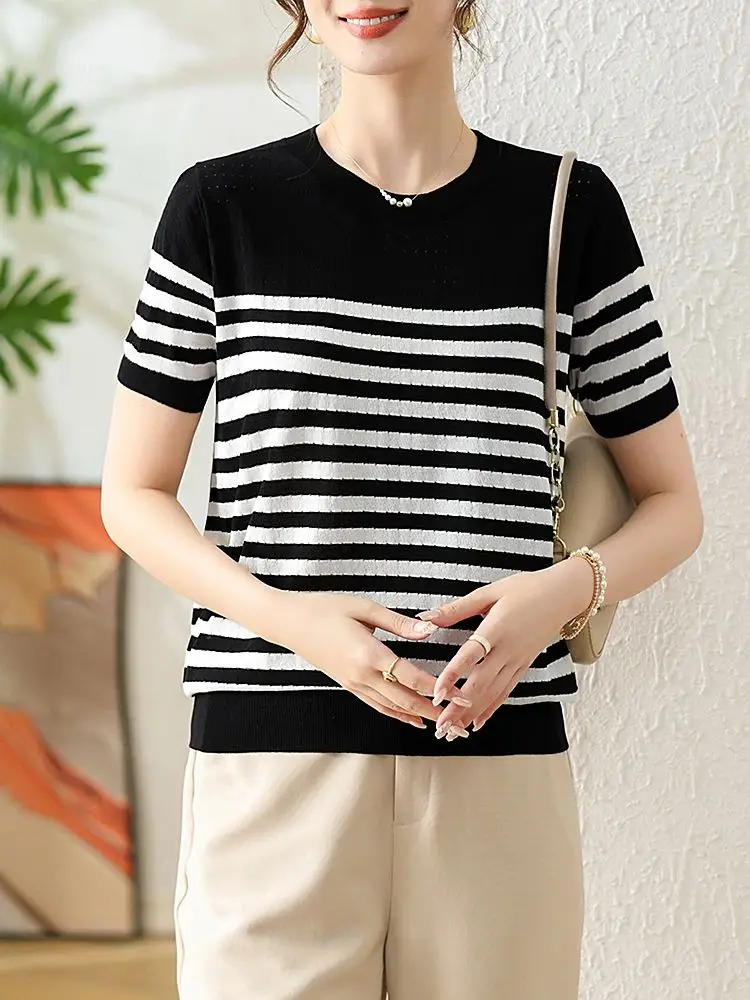 

Summer Stripe Knitted T Shirt Women Sweater Pullovers Clothes For Women Tees Top Casual Short Sleeve Women's T-shirt