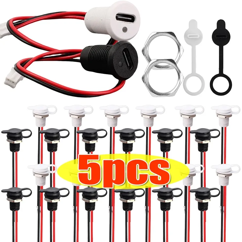 1-5pcs Waterproof 2-Pin USB Type-C Connector with Female Socket Fast Charging Jack Charging Port USB-C Charger Plug and Socket