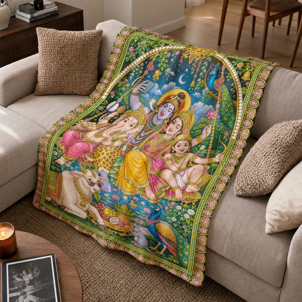 Divine Hindu Krishna Radha Art Sofa Throw Blanket Cushion Cover Indian Tapestry Mythological Spiritual Home Decor